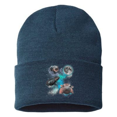 Moo Deng Three Moo Deng Moon Funny Hippo Universe Galaxy Sustainable Knit Beanie