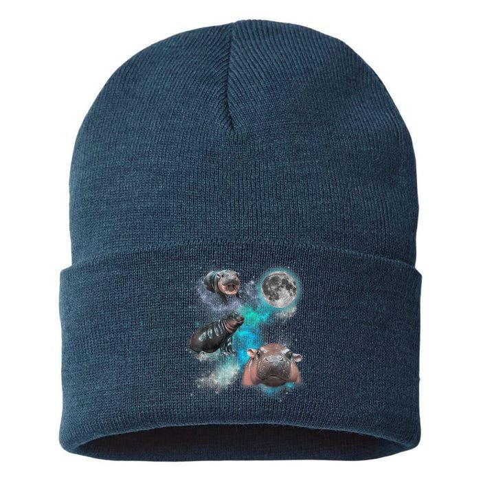 Moo Deng Three Moo Deng Moon Funny Hippo Universe Galaxy Sustainable Knit Beanie