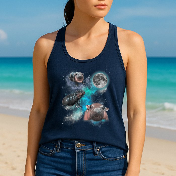 Moo Deng Three Moo Deng Moon Funny Hippo Universe Galaxy Womens Tank Top