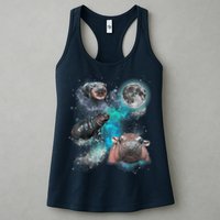Moo Deng Three Moo Deng Moon Funny Hippo Universe Galaxy Womens Tank Top