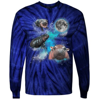 Moo Deng Three Moo Deng Moon Funny Hippo Universe Galaxy Tie-Dye Long Sleeve Shirt