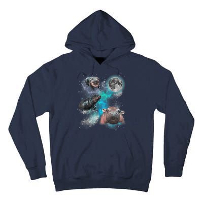 Moo Deng Three Moo Deng Moon Funny Hippo Universe Galaxy Tall Hoodie