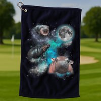 Moo Deng Three Moo Deng Moon Funny Hippo Universe Galaxy Golf Towel
