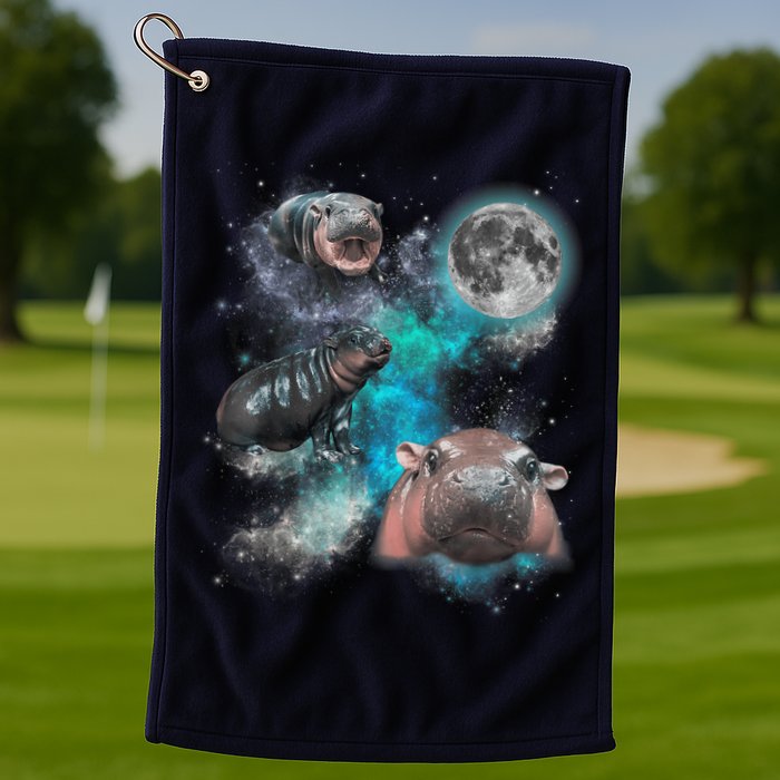 Moo Deng Three Moo Deng Moon Funny Hippo Universe Galaxy Golf Towel