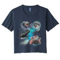 Moo Deng Three Moo Deng Moon Funny Hippo Universe Galaxy Crop Top