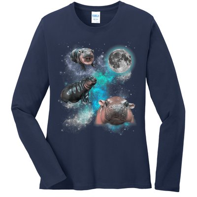 Moo Deng Three Moo Deng Moon Funny Hippo Universe Galaxy Ladies Long Sleeve Shirt