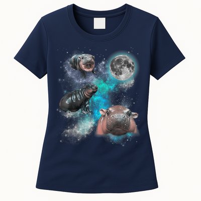 Moo Deng Three Moo Deng Moon Funny Hippo Universe Galaxy Womens T-Shirt