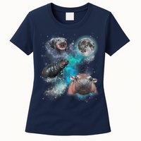 Moo Deng Three Moo Deng Moon Funny Hippo Universe Galaxy Womens T-Shirt