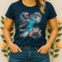 Moo Deng Three Moo Deng Moon Funny Hippo Universe Galaxy Womens T-Shirt