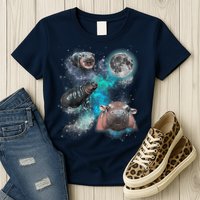 Moo Deng Three Moo Deng Moon Funny Hippo Universe Galaxy Womens T-Shirt