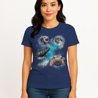 Moo Deng Three Moo Deng Moon Funny Hippo Universe Galaxy Womens T-Shirt