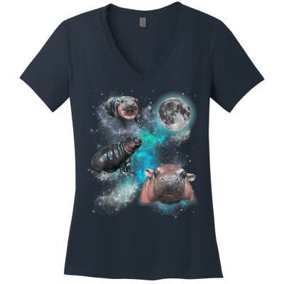Moo Deng Three Moo Deng Moon Funny Hippo Universe Galaxy Women's V-Neck T-Shirt