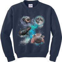 Moo Deng Three Moo Deng Moon Funny Hippo Universe Galaxy Kids Sweatshirt