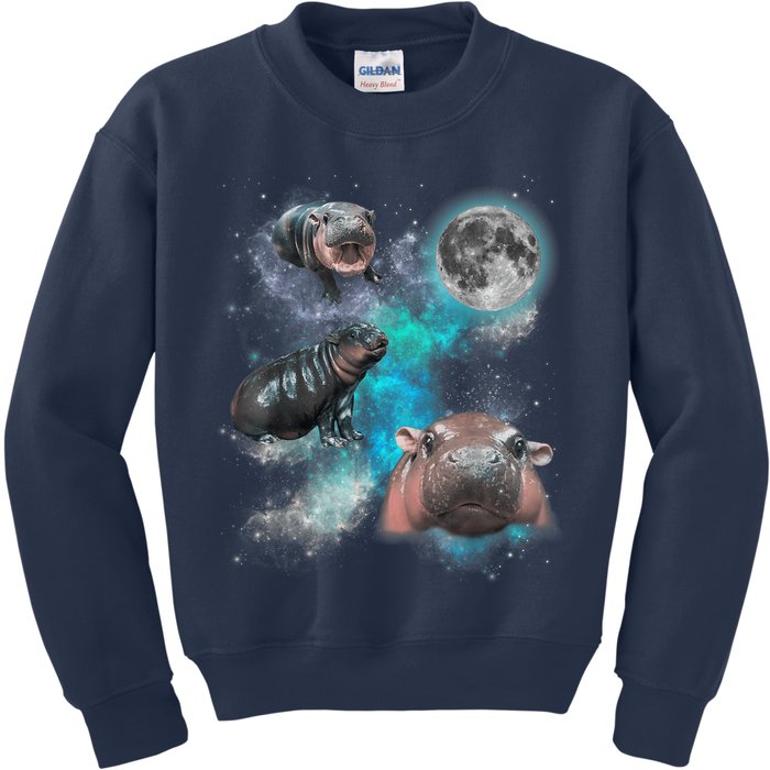 Moo Deng Three Moo Deng Moon Funny Hippo Universe Galaxy Kids Sweatshirt