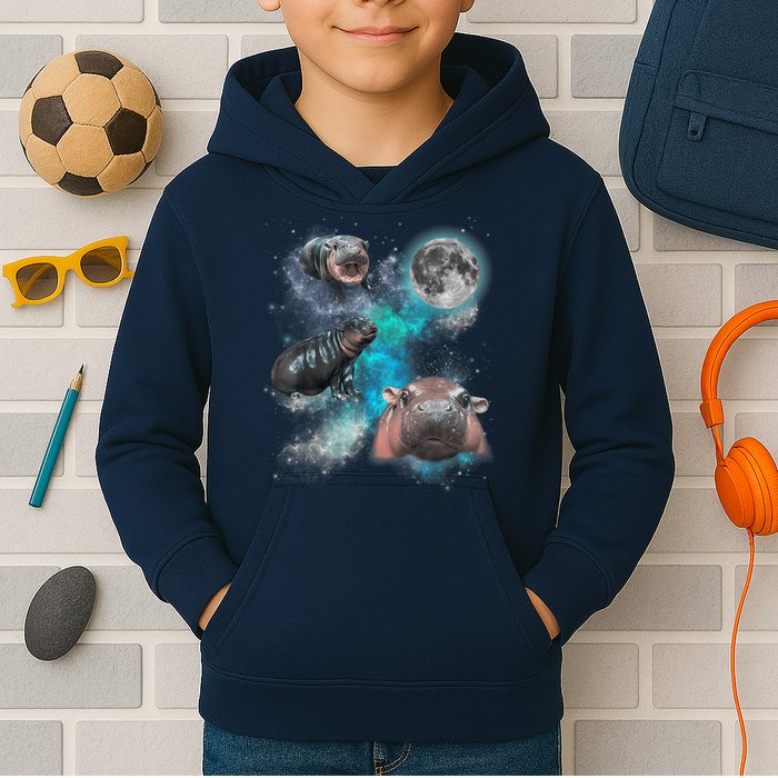 Moo Deng Three Moo Deng Moon Funny Hippo Universe Galaxy Kids Hoodie