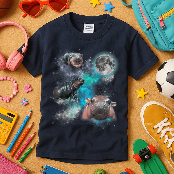 Moo Deng Three Moo Deng Moon Funny Hippo Universe Galaxy Kids T-Shirt
