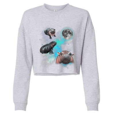 Moo Deng Three Moo Deng Moon Funny Hippo Universe Galaxy Cropped Pullover Crew