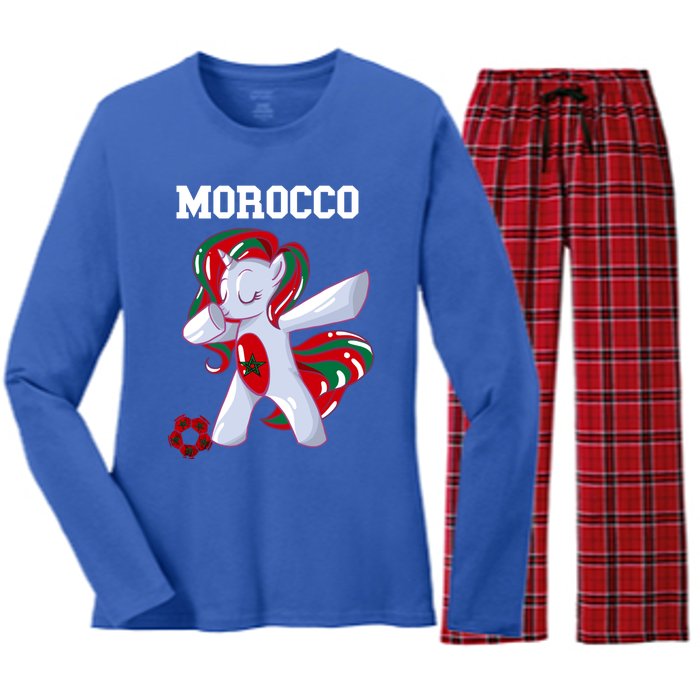 Morocco Dabbing Unicorn Moroccan Pride Moroccan Soccer Cool Gift Women's Long Sleeve Flannel Pajama Set 