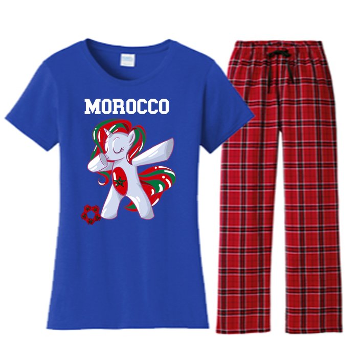 Morocco Dabbing Unicorn Moroccan Pride Moroccan Soccer Cool Gift Women's Flannel Pajama Set