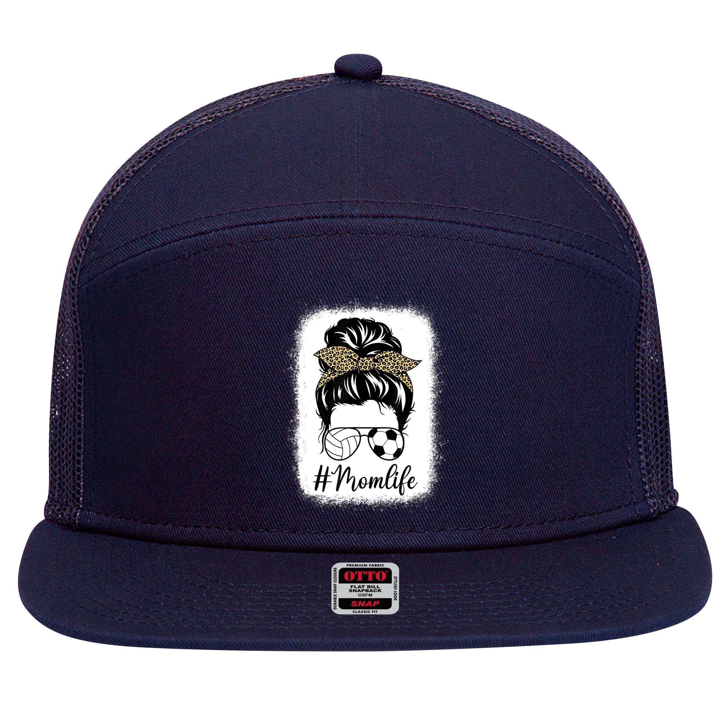 Mothers Day Volleyball And Soccer Mom Life Messy Bun Leopard 7 Panel Mesh Trucker Snapback Hat