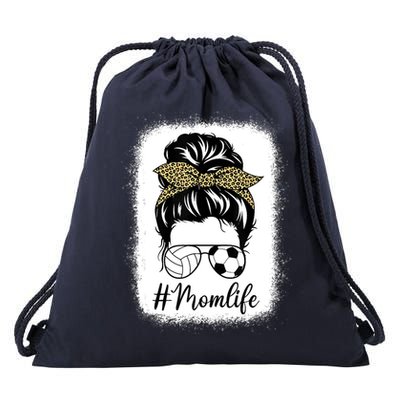 Mothers Day Volleyball And Soccer Mom Life Messy Bun Leopard Drawstring Bag
