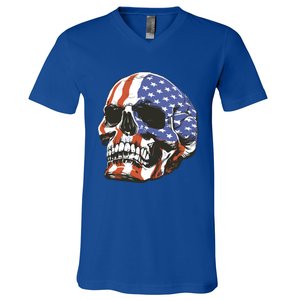 Memorial Day Veterans Day 4th Of July Patriotic Usa Skull Gift V-Neck T-Shirt