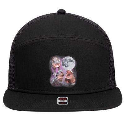 Moo Deng With The Moon 7 Panel Mesh Trucker Snapback Hat
