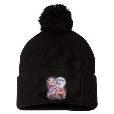 Moo Deng With The Moon Pom Pom 12in Knit Beanie