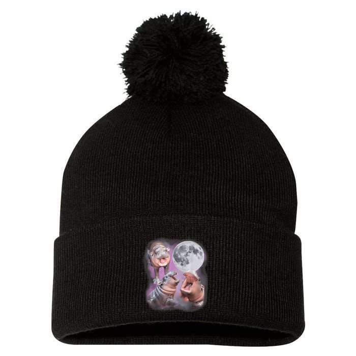 Moo Deng With The Moon Pom Pom 12in Knit Beanie