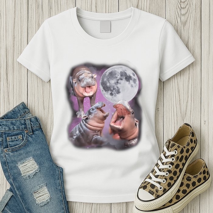 Moo Deng With The Moon Womens T-Shirt