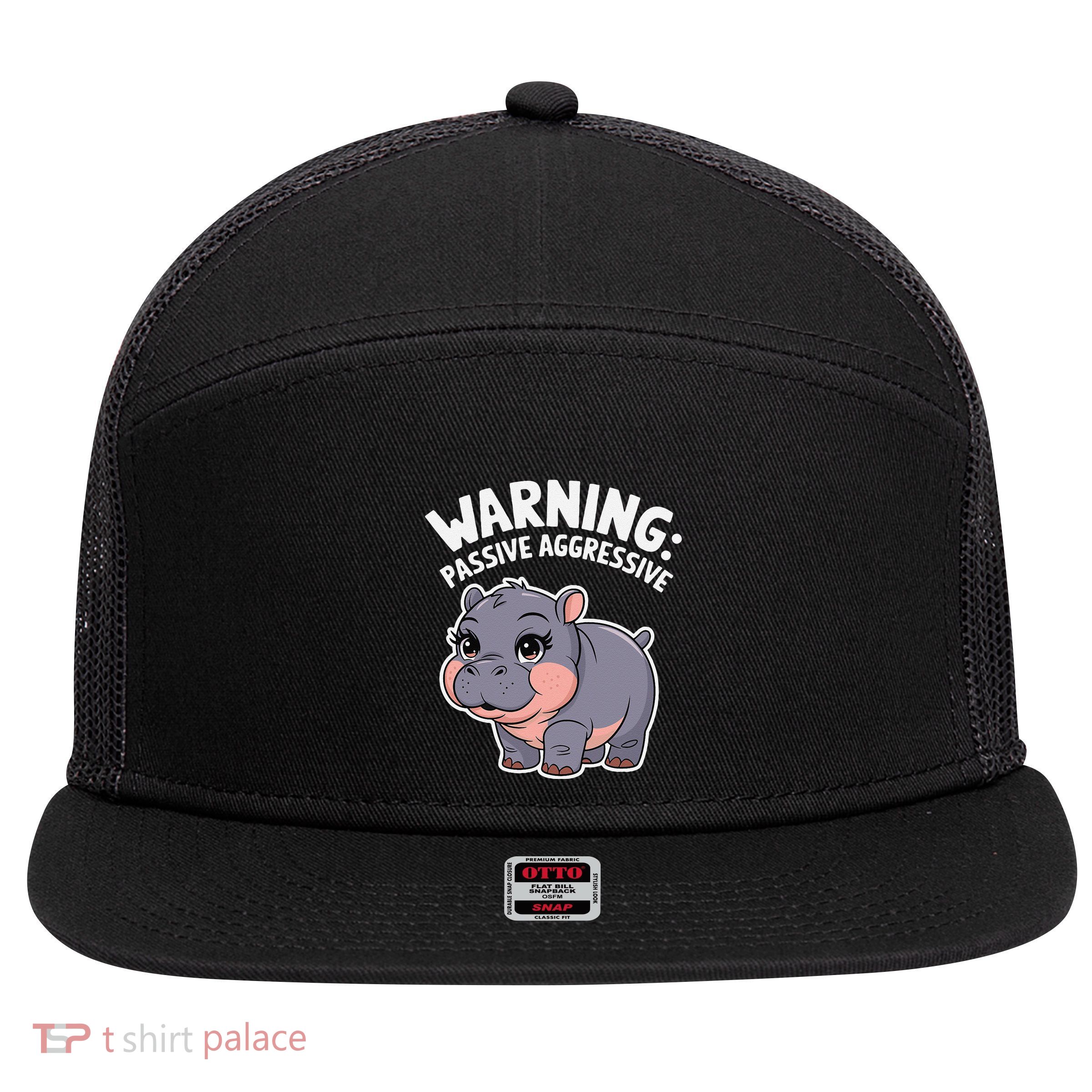Moo Deng Warning Passive Aggressive Hippo 7 Panel Mesh Trucker Snapback Hat