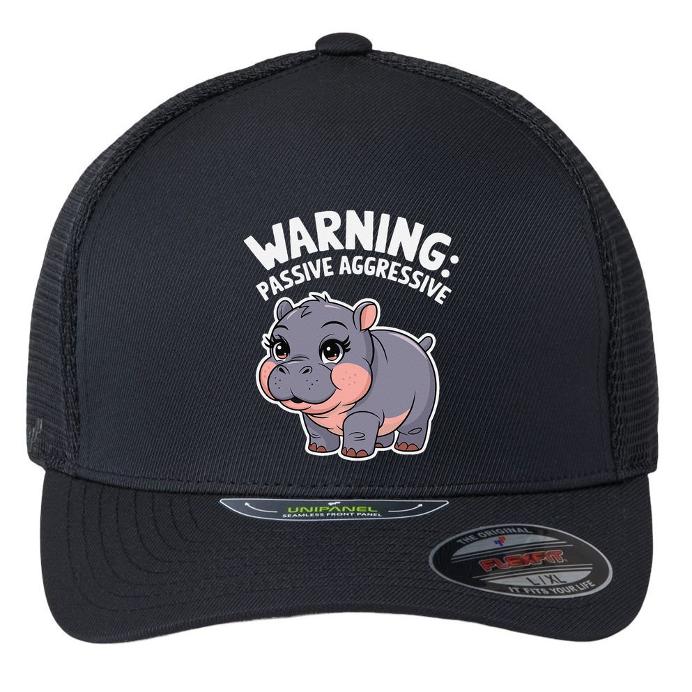 Moo Deng Warning Passive Aggressive Hippo Flexfit Unipanel Trucker Cap