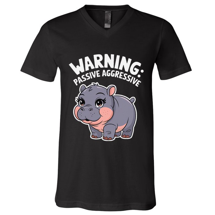 Moo Deng Warning Passive Aggressive Hippo V-Neck T-Shirt