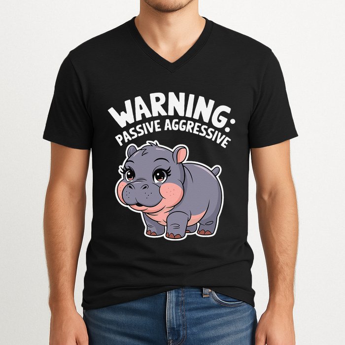 Moo Deng Warning Passive Aggressive Hippo V-Neck T-Shirt