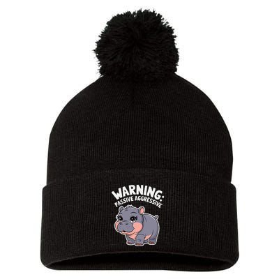 Moo Deng Warning Passive Aggressive Hippo Pom Pom 12in Knit Beanie