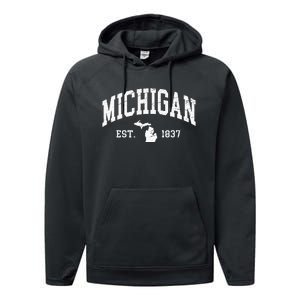 Michigan Est. 1837 Distressed Worn Design Classic Performance Fleece Hoodie