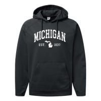 Michigan Est. 1837 Distressed Worn Design Classic Performance Fleece Hoodie