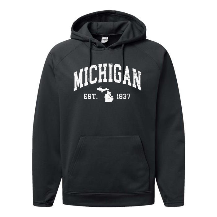 Michigan Est. 1837 Distressed Worn Design Classic Performance Fleece Hoodie