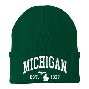 Michigan Est. 1837 Distressed Worn Design Classic Knit Cap Winter Beanie