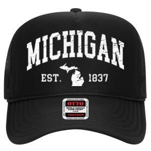 Michigan Est. 1837 Distressed Worn Design Classic High Crown Mesh Back Trucker Hat