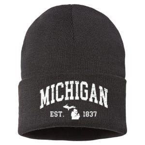 Michigan Est. 1837 Distressed Worn Design Classic Sustainable Knit Beanie