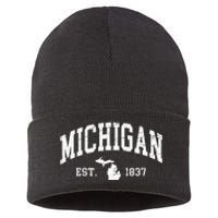 Michigan Est. 1837 Distressed Worn Design Classic Sustainable Knit Beanie