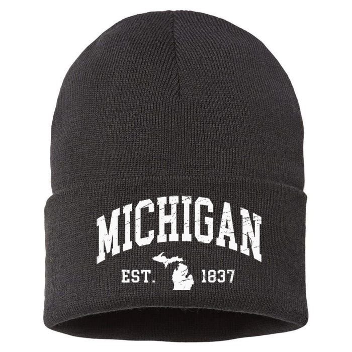 Michigan Est. 1837 Distressed Worn Design Classic Sustainable Knit Beanie