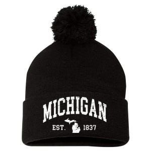 Michigan Est. 1837 Distressed Worn Design Classic Pom Pom 12in Knit Beanie