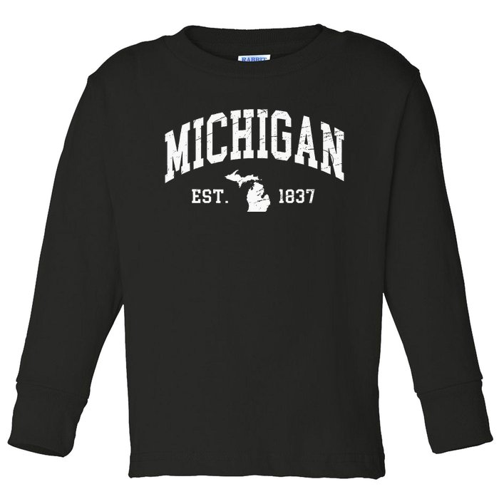 Michigan Est. 1837 Distressed Worn Design Classic Toddler Long Sleeve Shirt