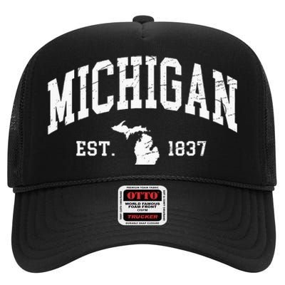 Michigan Est. 1837 Distressed Worn High Crown Mesh Back Trucker Hat