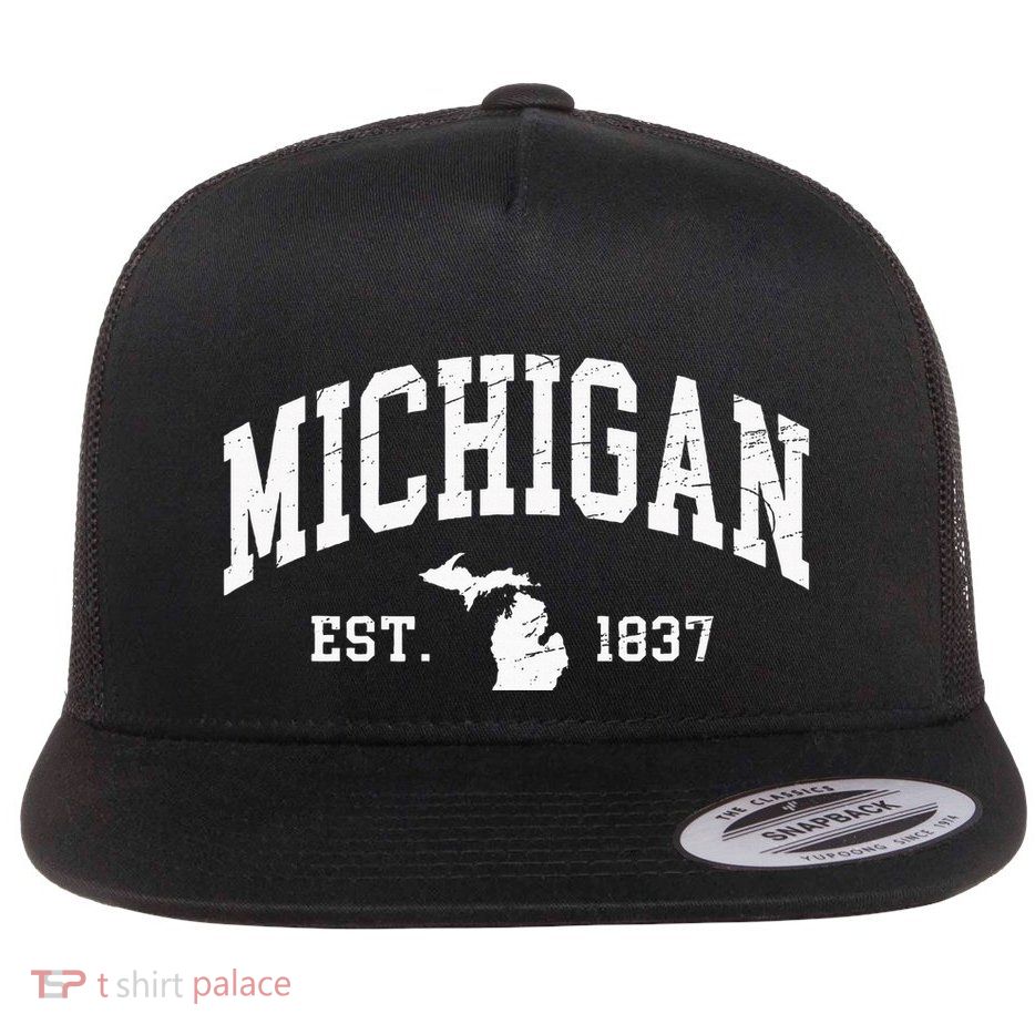 Michigan Est. 1837 Distressed Worn Flat Bill Trucker Hat