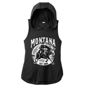 Montana Est. 1889 Cowboy Riding Moose Ladies PosiCharge Tri-Blend Wicking Draft Hoodie Tank