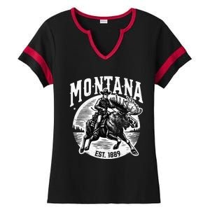 Montana Est. 1889 Cowboy Riding Moose Ladies Halftime Notch Neck Tee