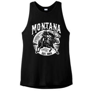 Montana Est. 1889 Cowboy Riding Moose Ladies PosiCharge Tri-Blend Wicking Tank